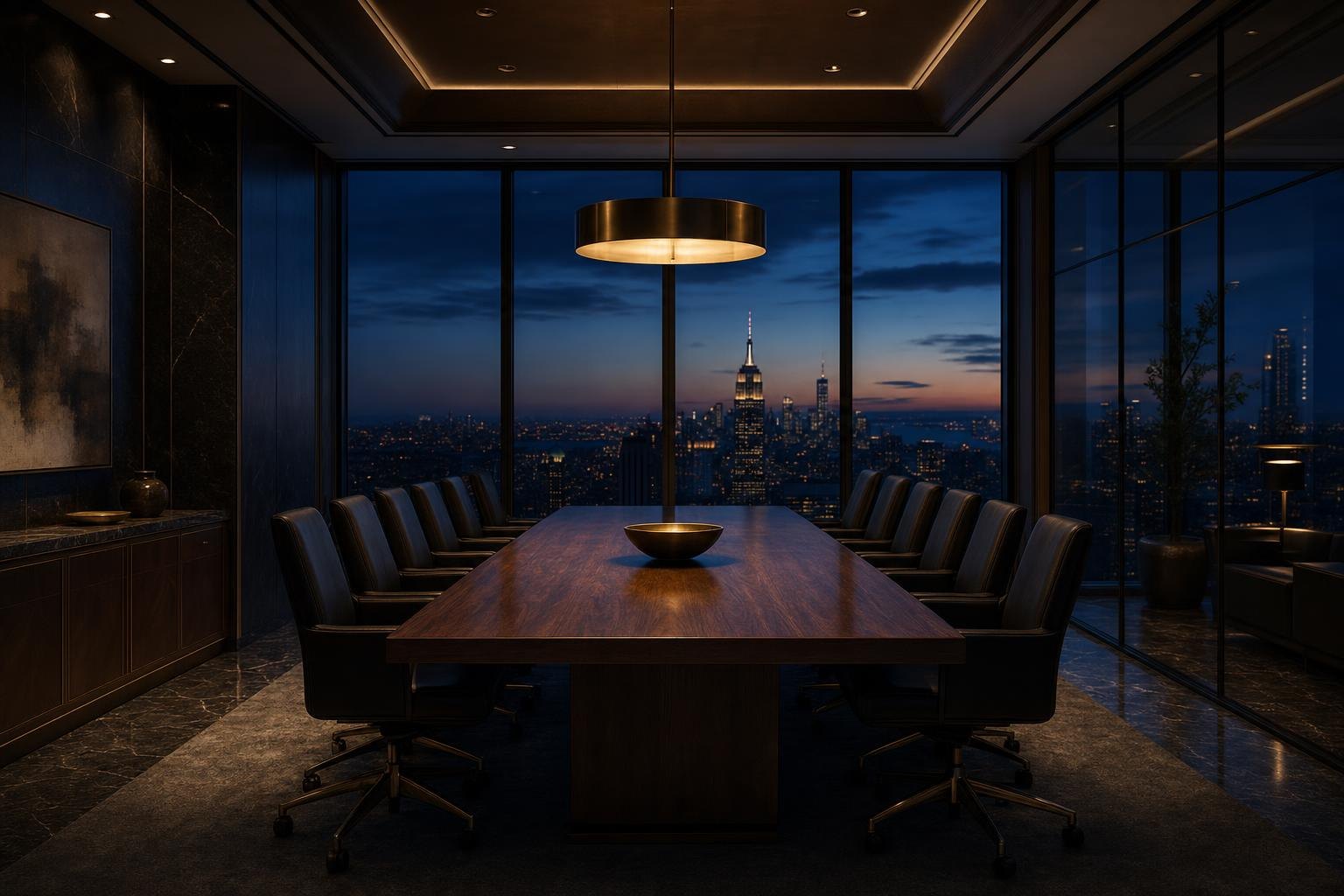 Private investment office boardroom at dusk