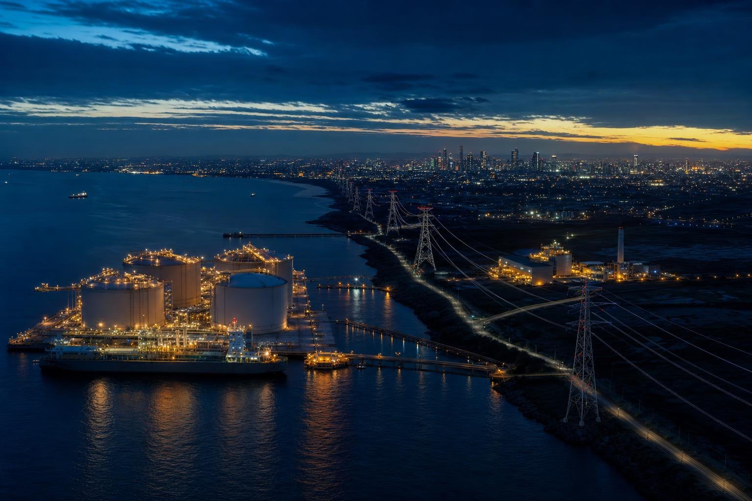 Gas-fired power generation and high-voltage transmission infrastructure at dusk