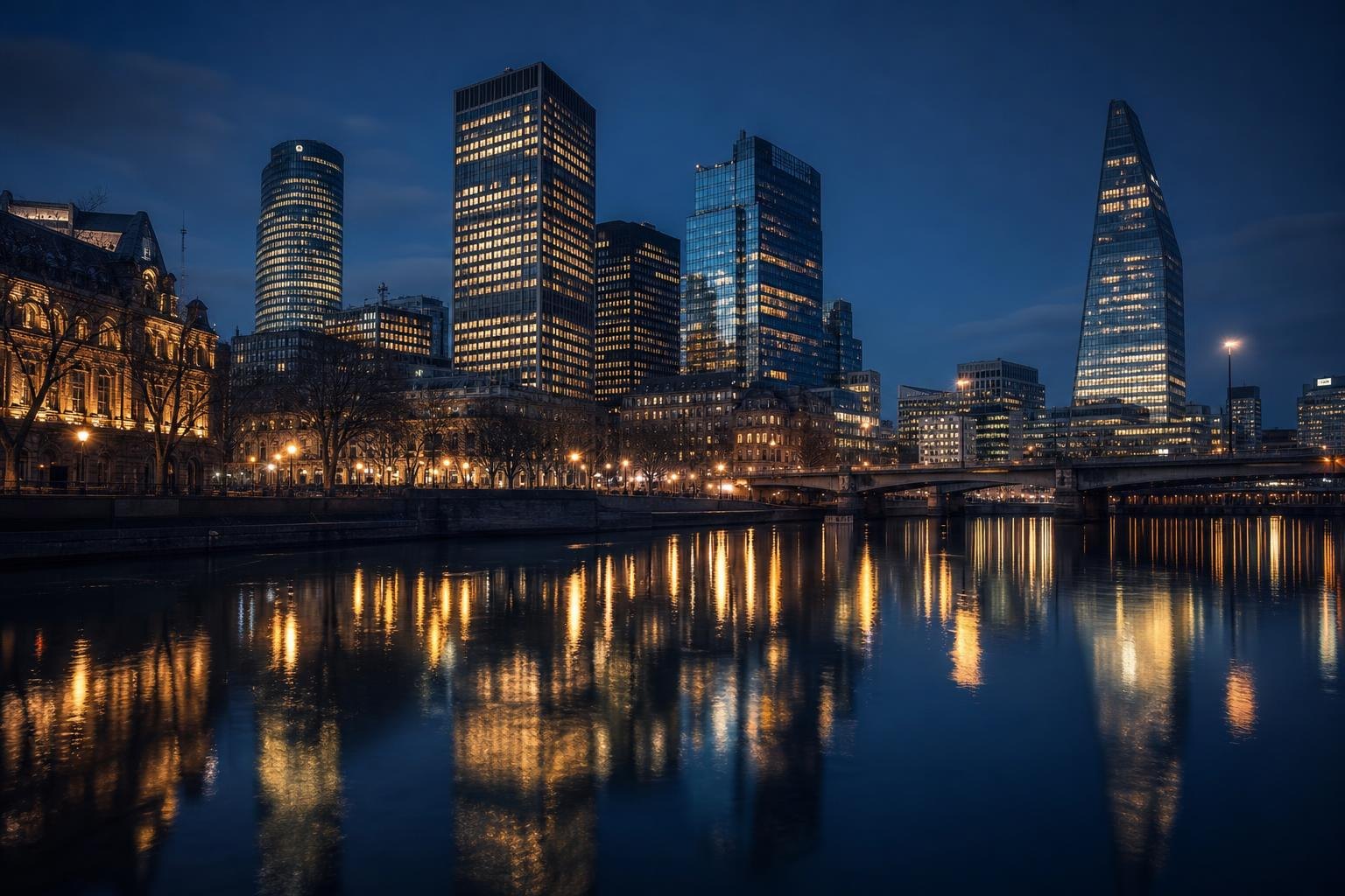 Twilight financial cityscape