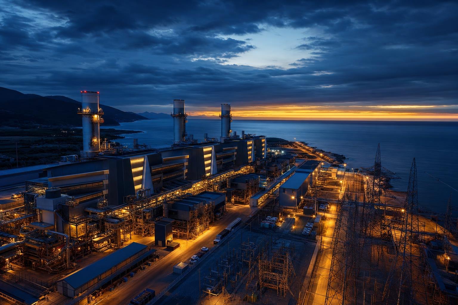 Coastal combined-cycle power generation facility at dusk