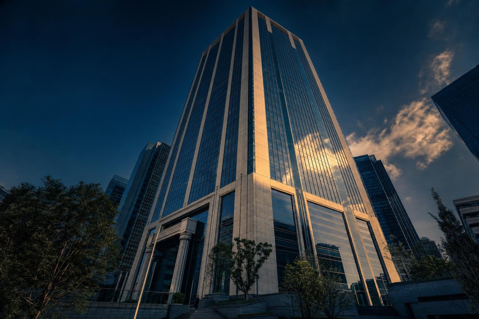 Modern financial-district architecture at dusk