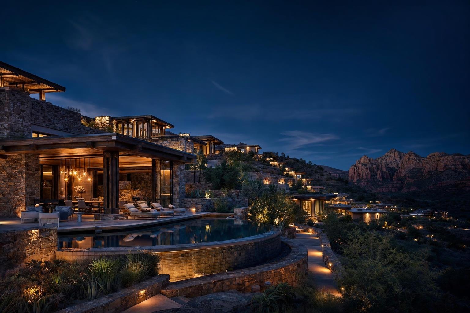 Architectural concept visualization of a resort and residential community in high-desert terrain