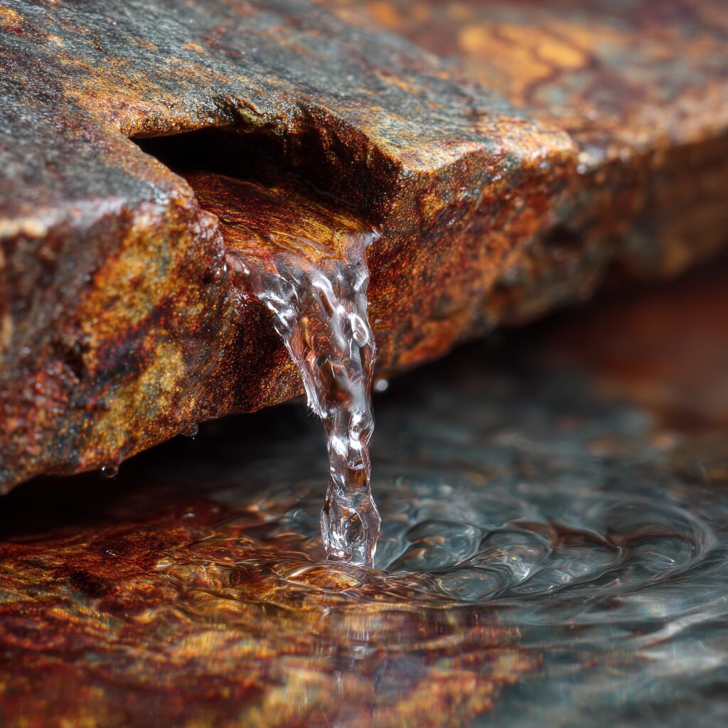 Raw artesian water emerging from mineral-rich red rock