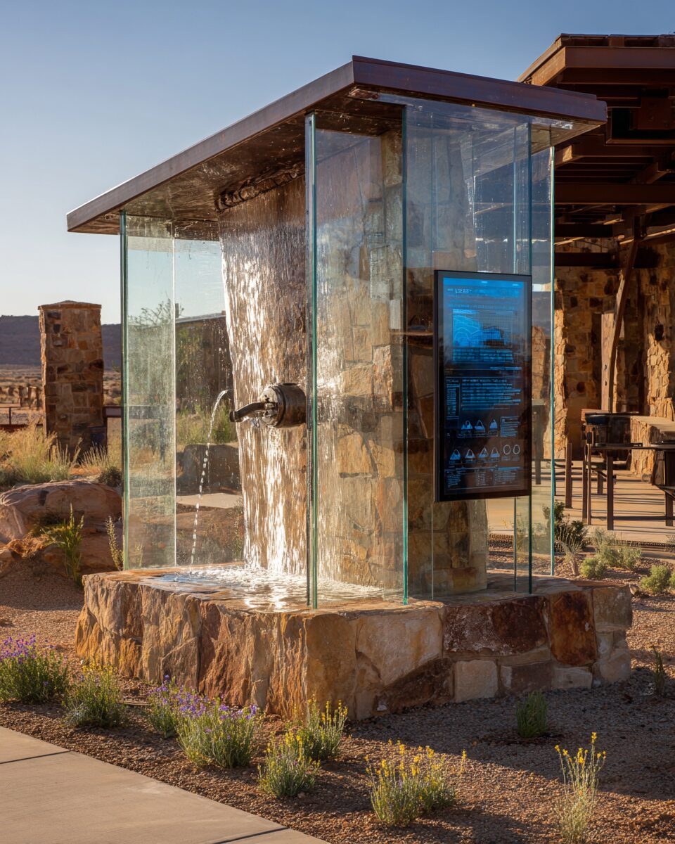 A working artesian wellhead displayed behind architectural glass