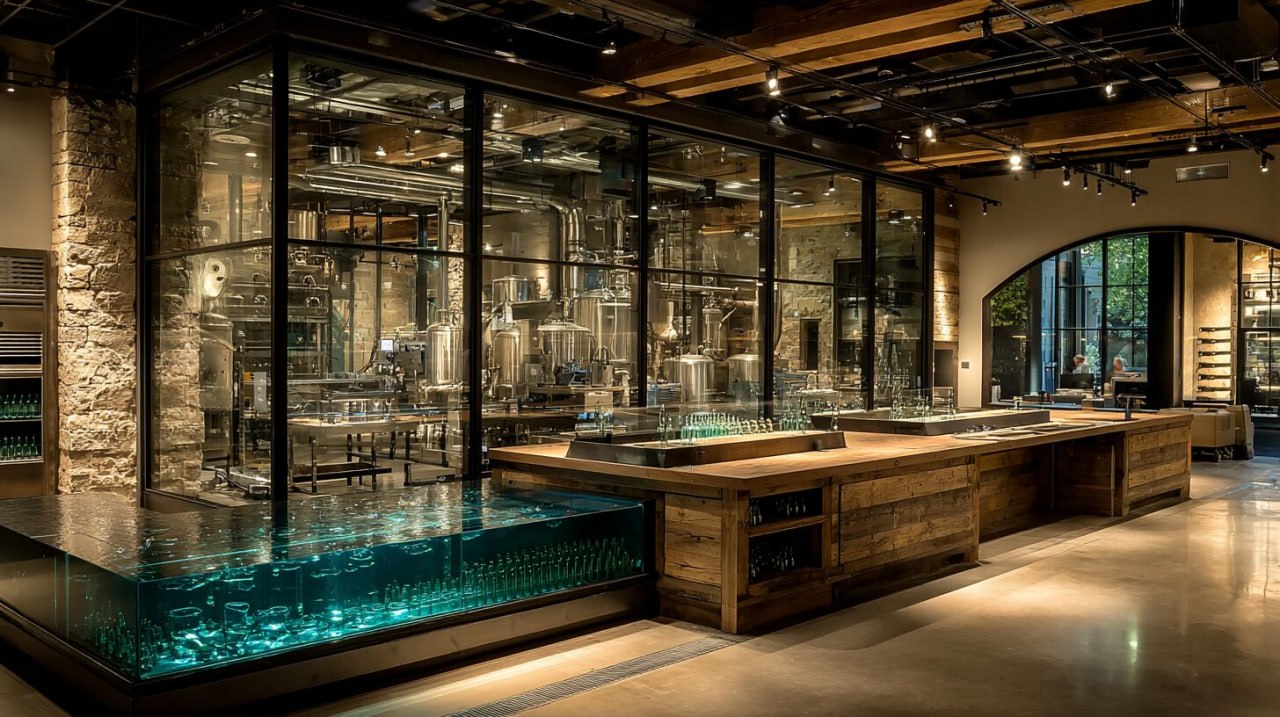Small-batch artisan bottling room behind glass
