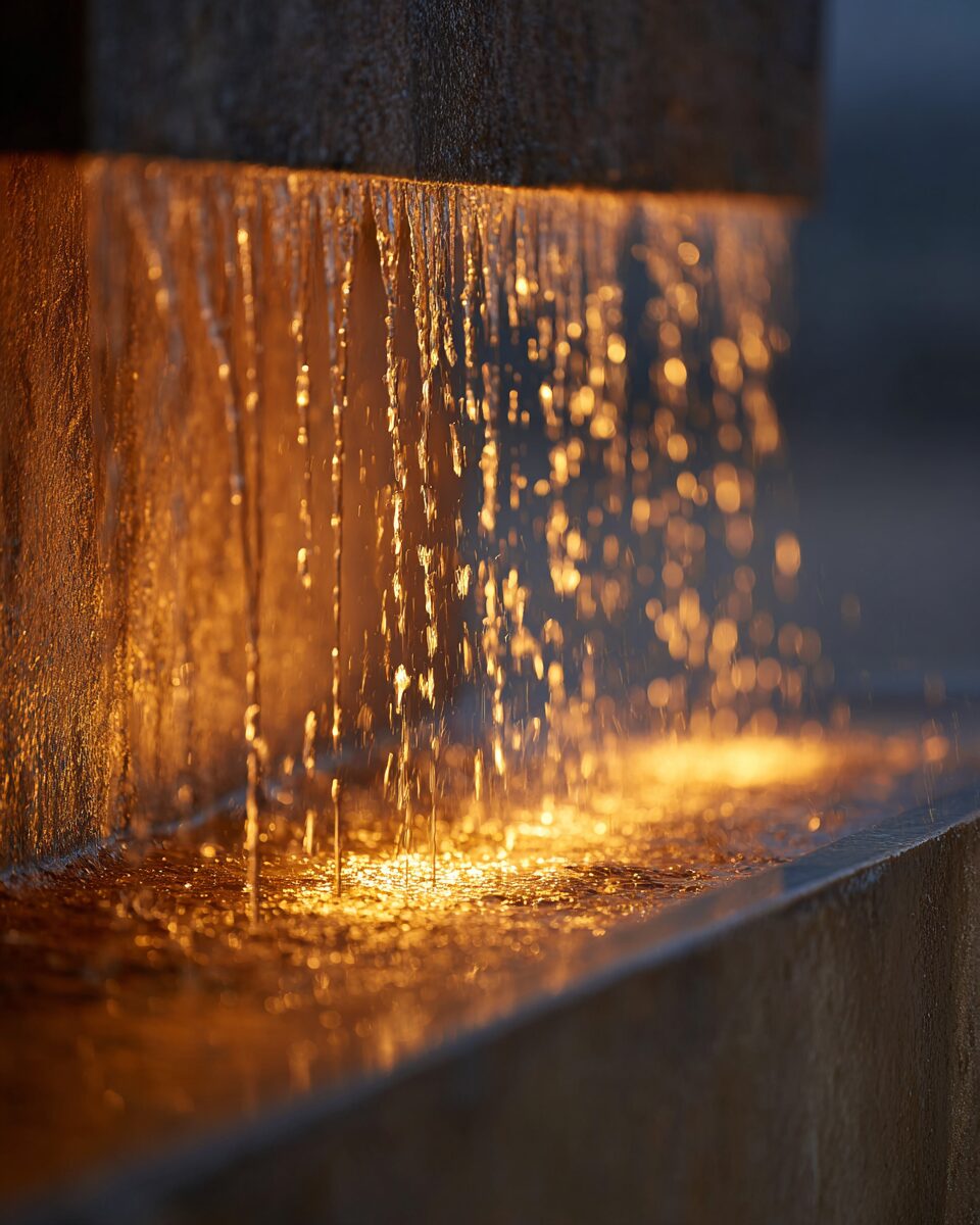 Architectural water feature lit amber at golden hour