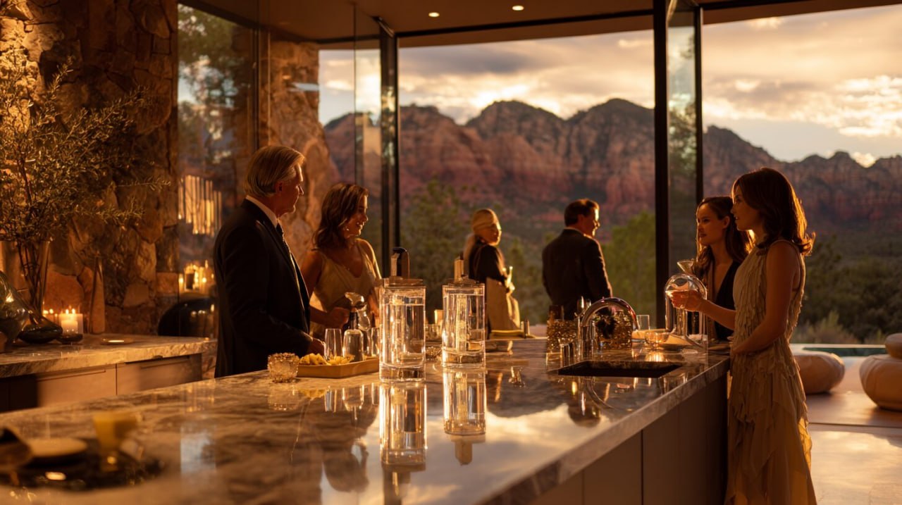 Guests gathered around a residential water tasting island with red-rock views
