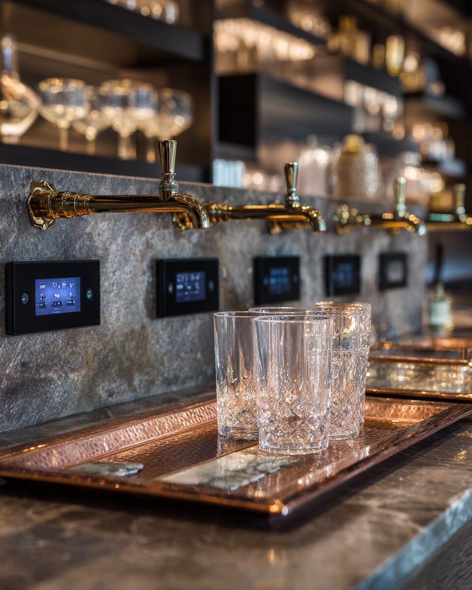 Vortex Water sommelier station with polished brass taps and crystal glassware