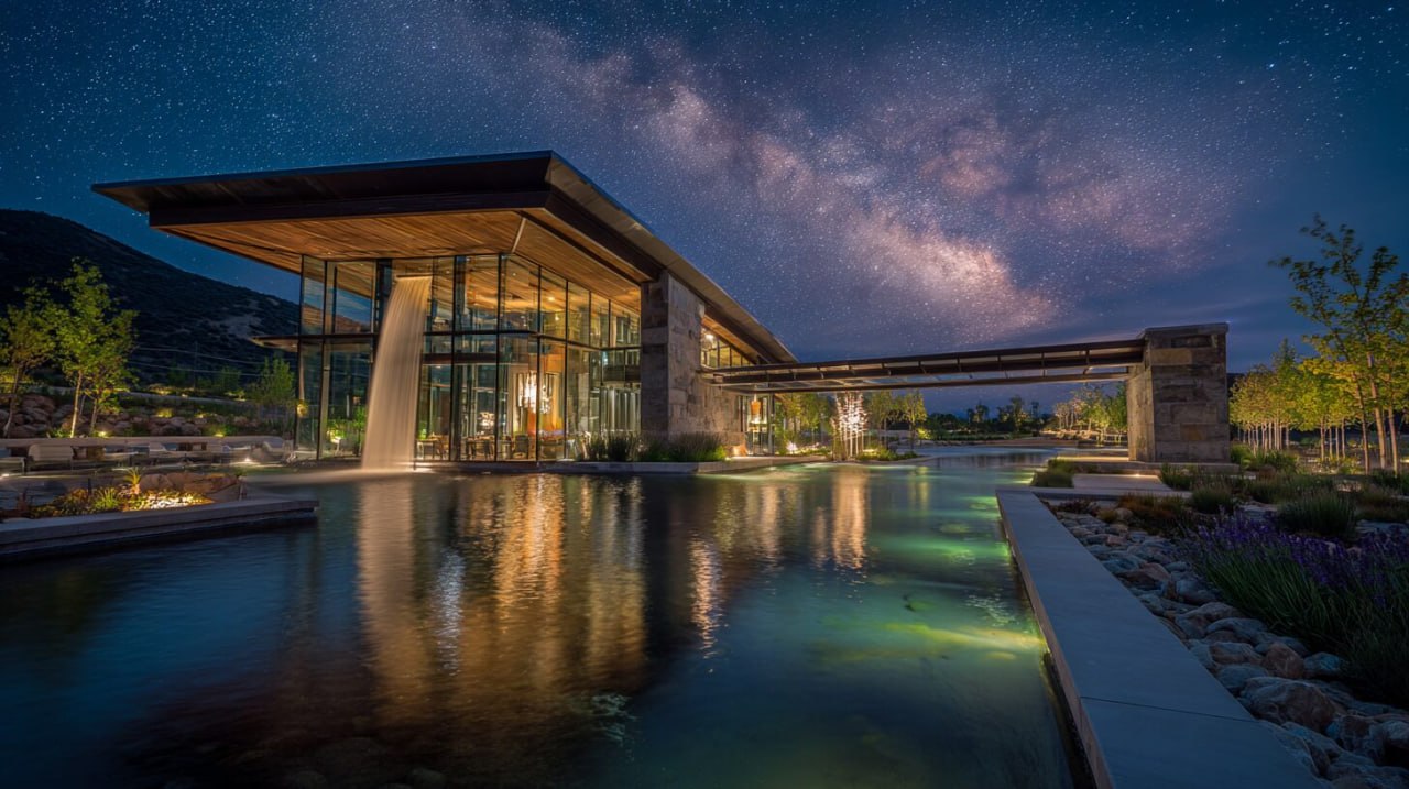 The Water Temple clubhouse at night with a waterfall and starlit sky